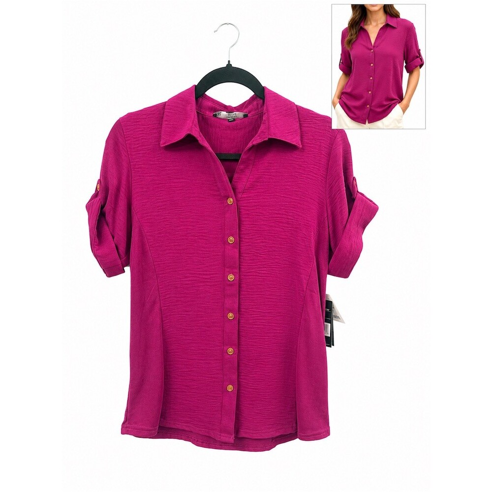 Ashley blue Blouse Womens Purple Solid Button Front Collared Roll-Tab preppy